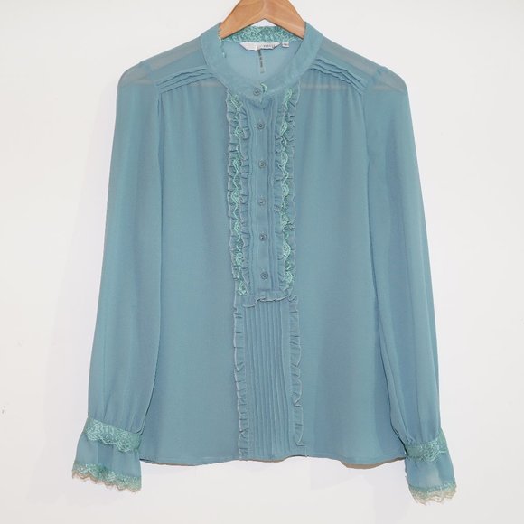 Miilla Clothing Tops - Miilla Lace Trim Button Down Blouse Top Blue S